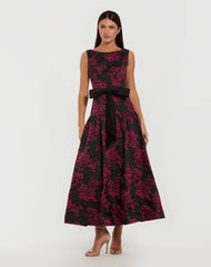 Black Brocade Drop Waist Midi Dress With Satin Bow