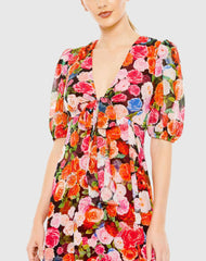 Multicolor Floral Print Front Tie Puff Sleeve Flowy Midi Dress