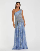 Blue Beaded Embellished One Shoulder A Line Gown