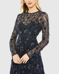 Navy Beaded Illusion High Neck Long Sleeve A Line Dress