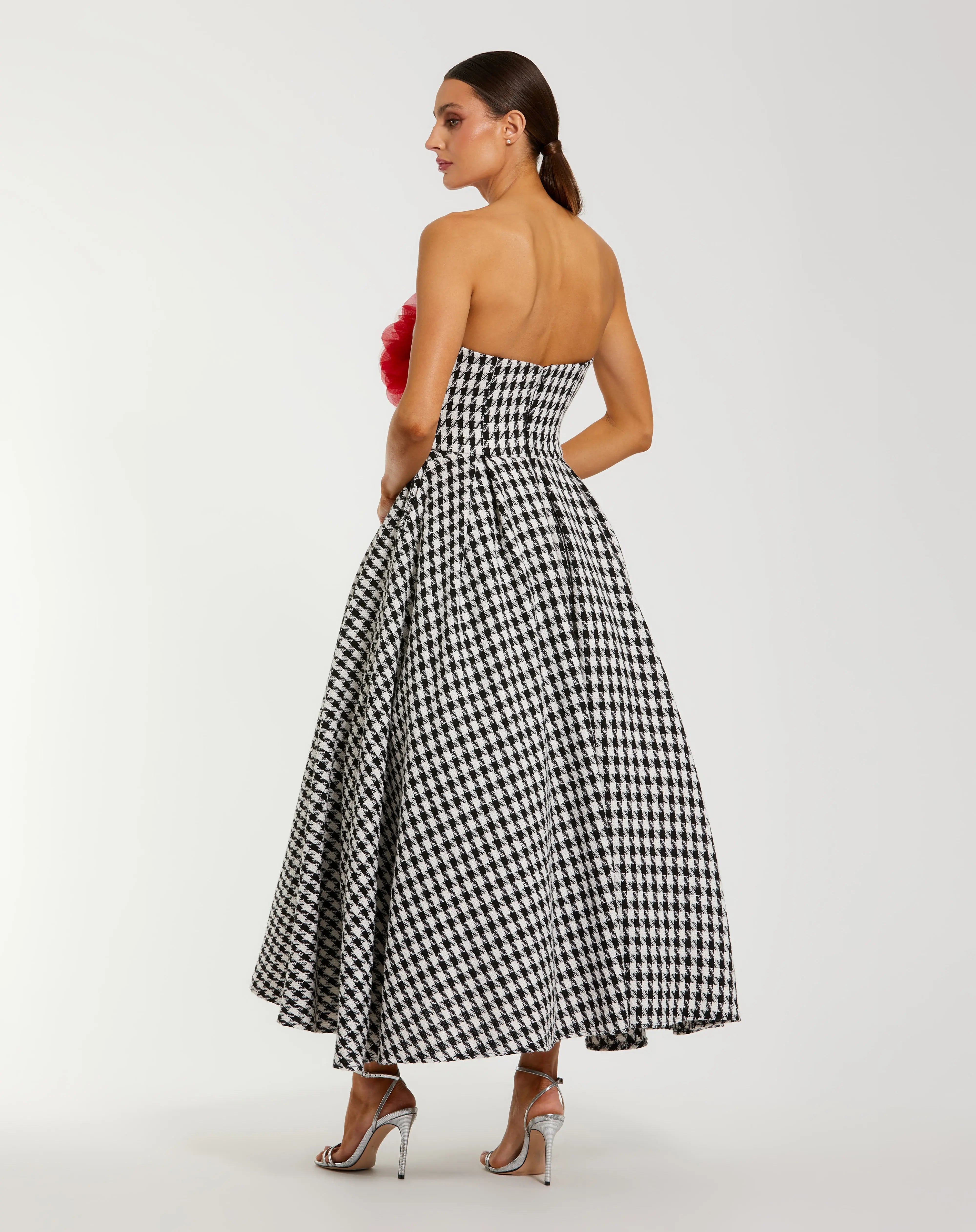 Black and White Strapless Boucle A Line Midi Dress With 3D Flower