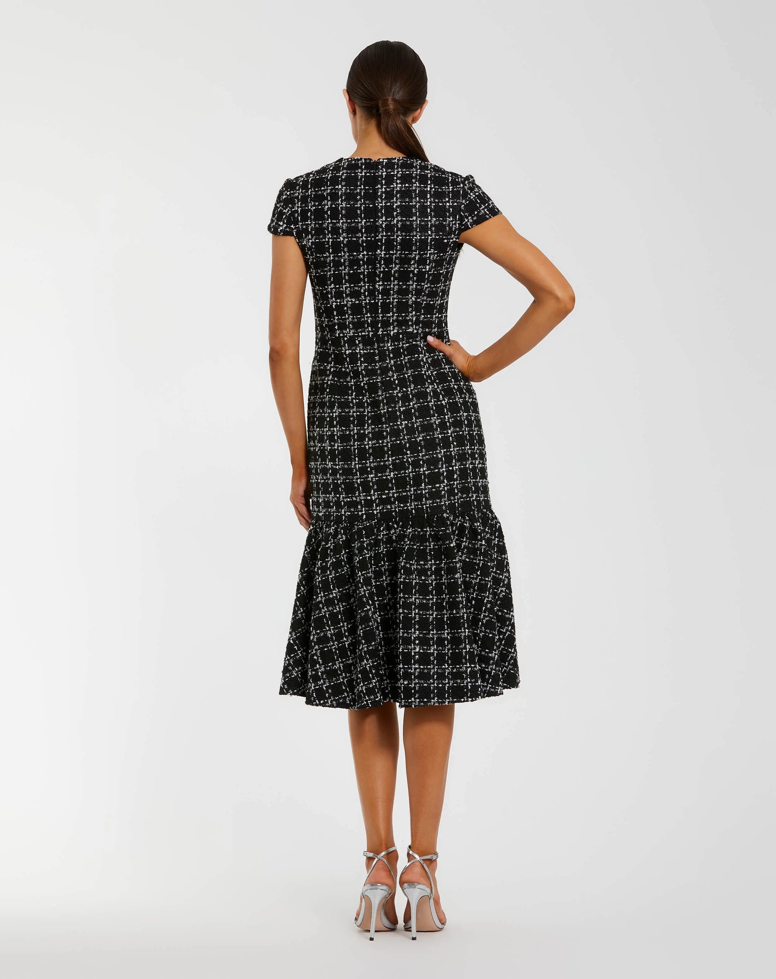 Black Cap Sleeve Boucle A Line Midi Dress