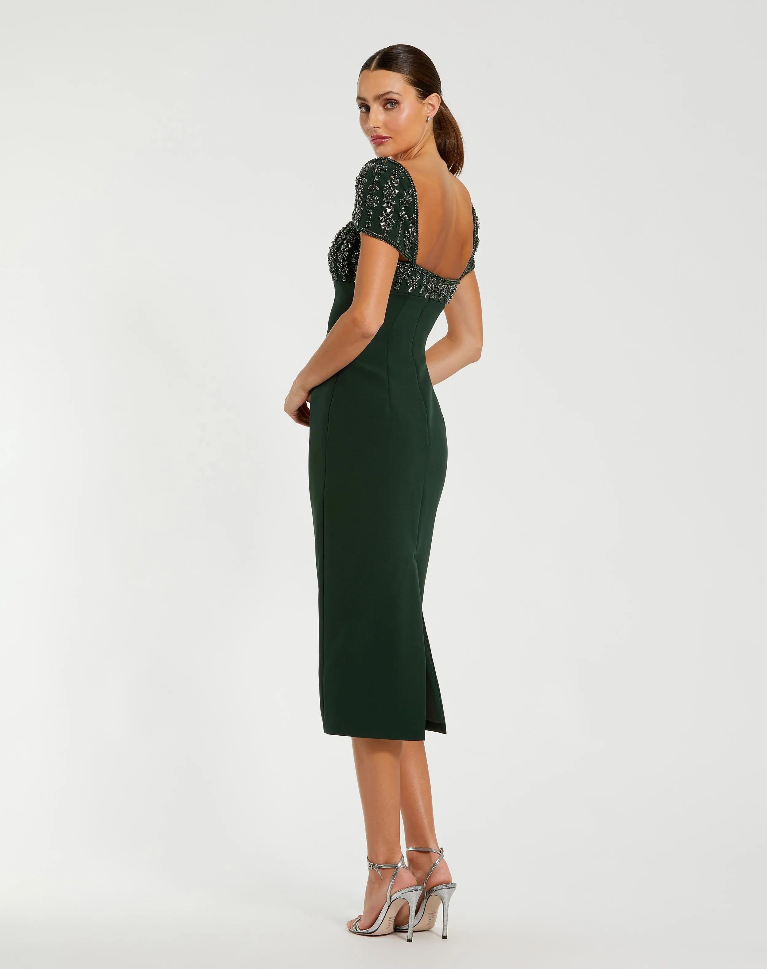 Green Embellished Cap Sleeve Crepe Midi Dress