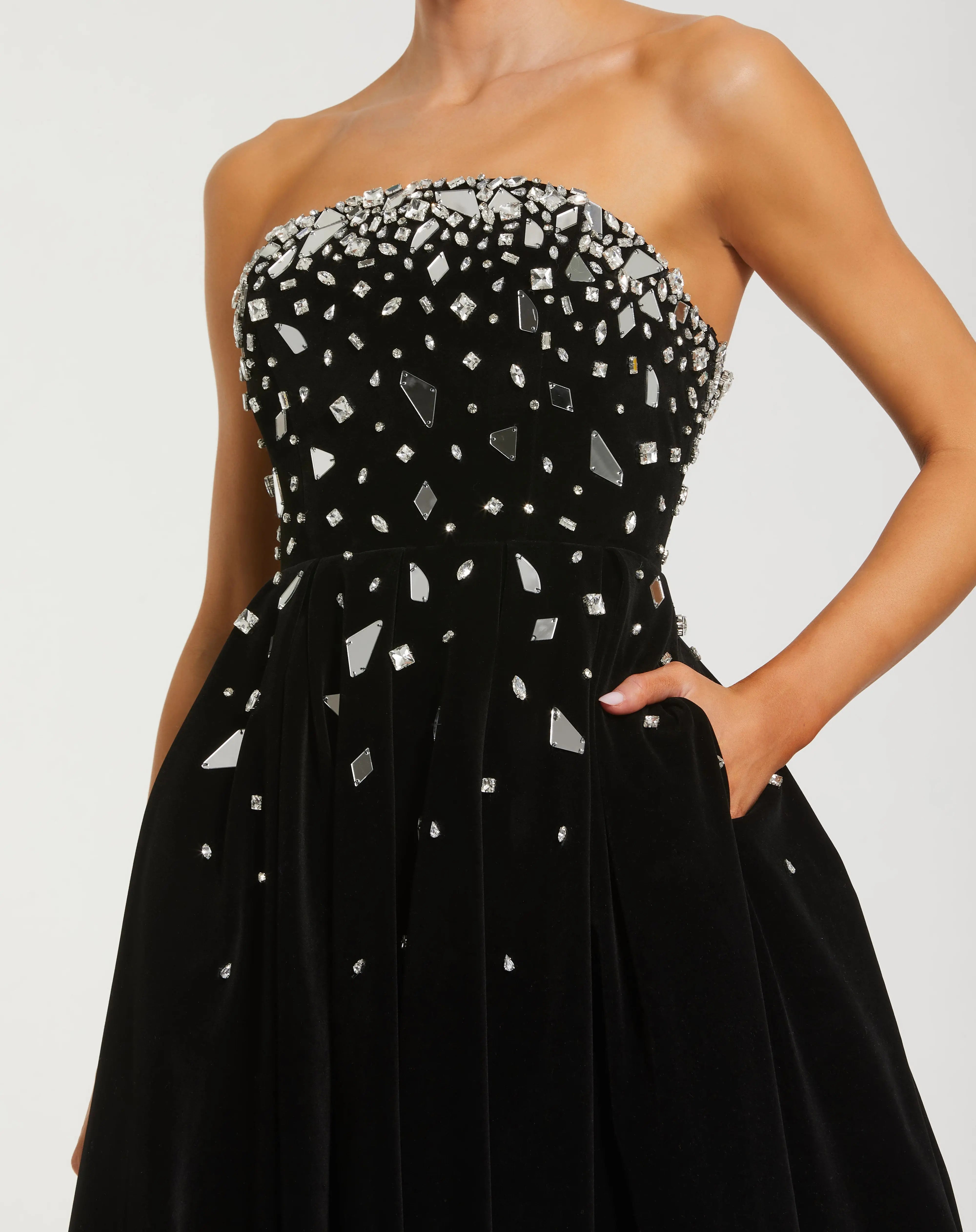 Black Velvet Strapless A-Line Midi Dress with Embellishments