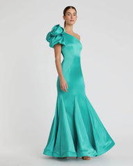 Green One Shoulder Bustier Satin Mermaid Gown