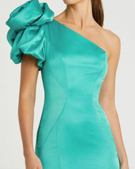 Green One Shoulder Bustier Satin Mermaid Gown