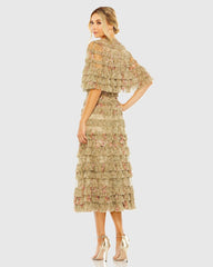 Green Floral Ruffle Midi Dress With Shawl