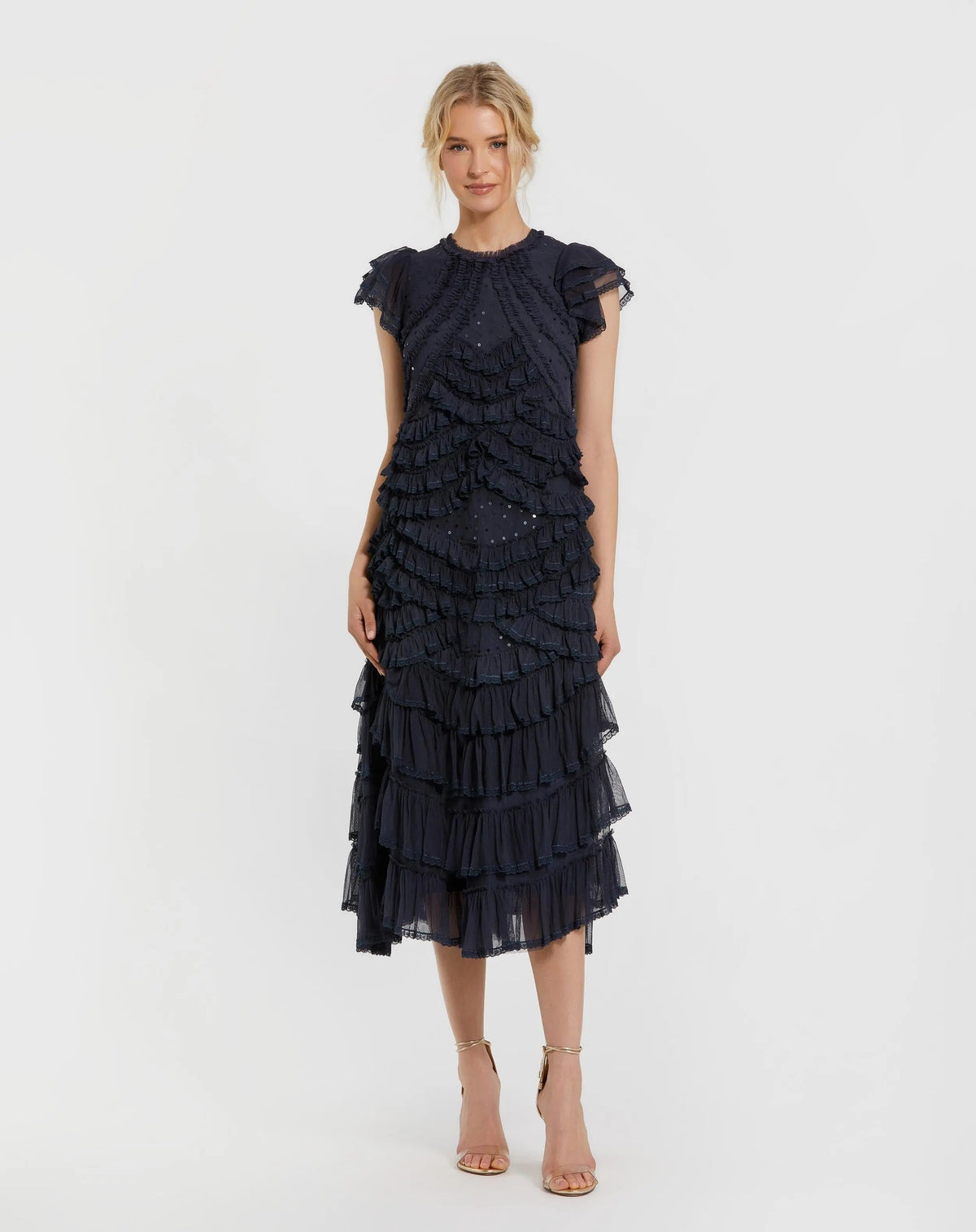Navy High Neck Cap Sleeve Micro Ruffle Midi Dress