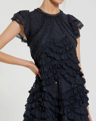 Navy High Neck Cap Sleeve Micro Ruffle Midi Dress