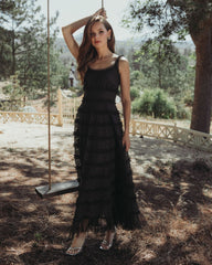 Black Sleeveless Lace A Line Midi Dress With Ruffles