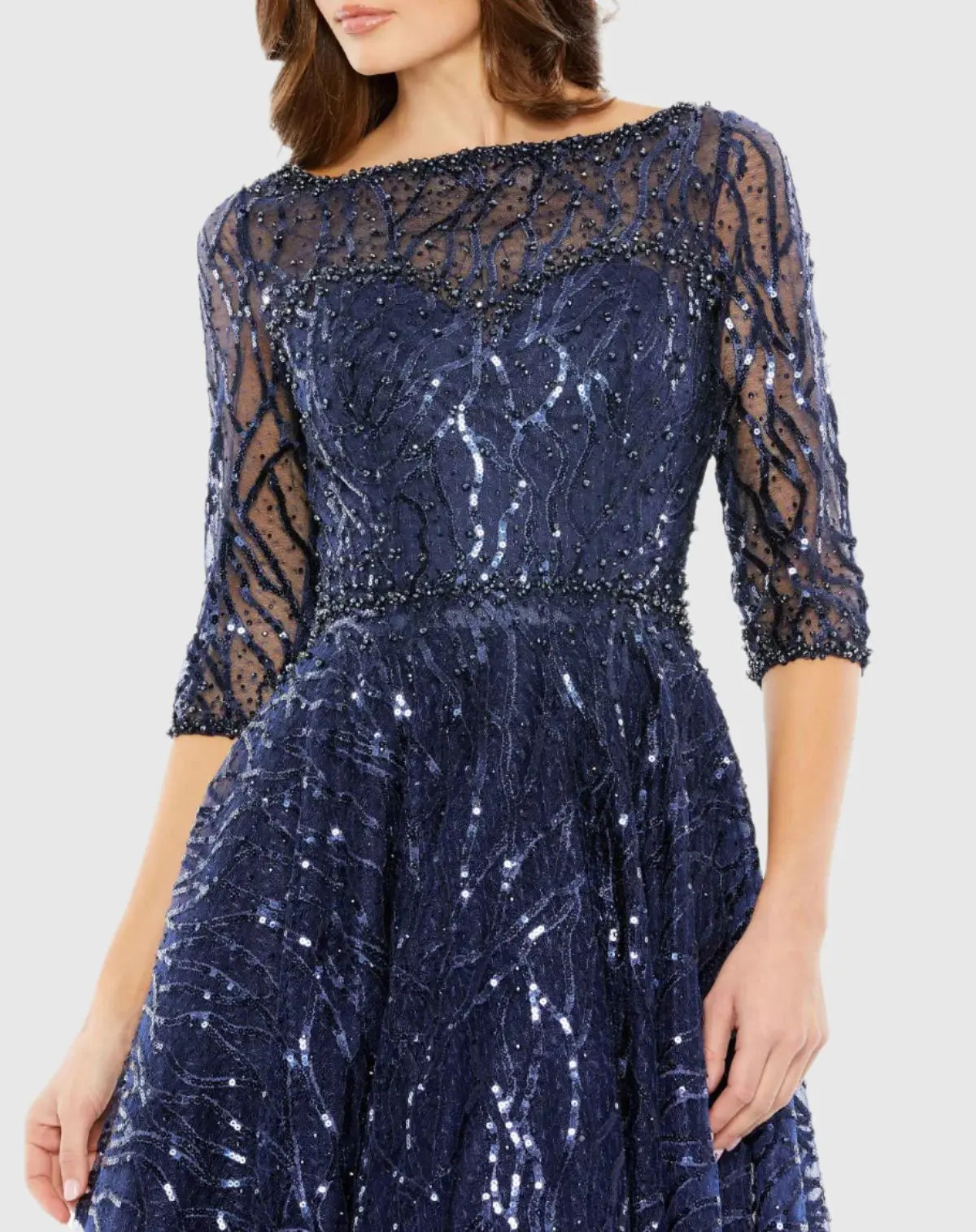 Navy Embellished 3/4 Sleeve A Line Dress